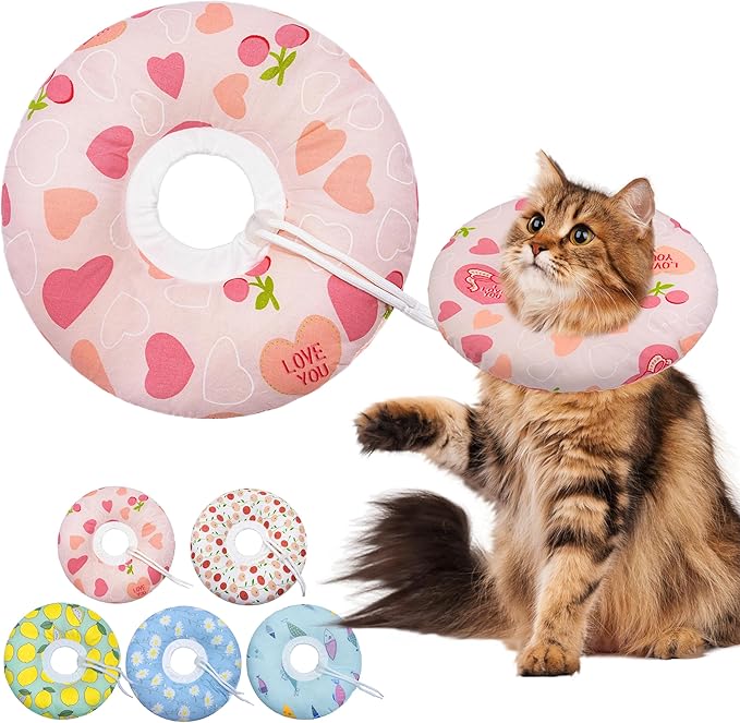 Seyezo Cat Cone Soft Collar, Adjustable Cat Recovery Collar for Small Medium Large Cats, Cute Donut E Collar After Surgery, Anti-Lick Recovery Elizabethan Collar for Kittens (Pink Heart, Large)