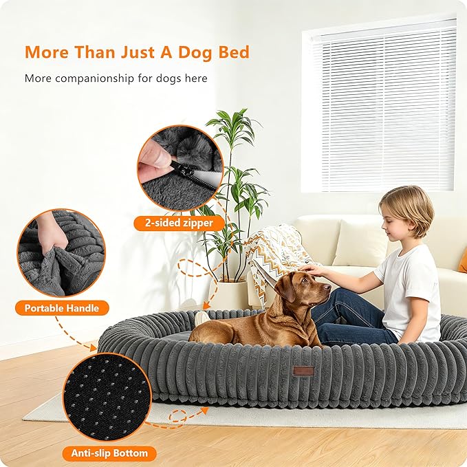 Human Dog Bed for Adult, Reversible Orthopedic Gel Memory Foam Cushion, Washable Corduroy Fleece, Plump Edge with Blanket, Storage Pocket, Strap, 65"x41.3"x9", Extra Large, Medium Grey