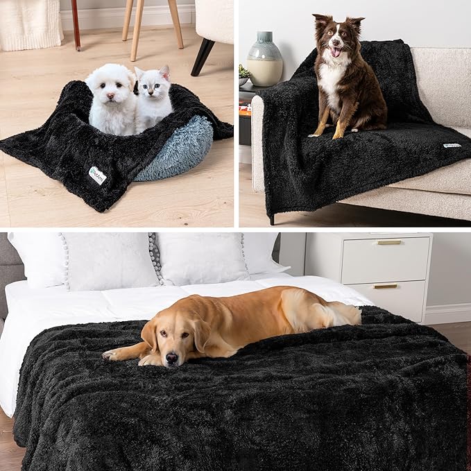 PetAmi Fluffy Waterproof Dog Blanket for Couch and Bed, Reversible Sherpa Pet Throw, Pee Proof Furniture Protector Sofa Cover, Washable Cat Blanket for Medium Large Dogs and Cats (Black, 60x80)