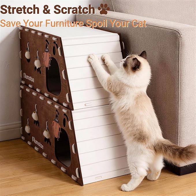 Felt Cat Bed Cave for Indoor Cats, Modular Tunnel Hideaway House for Large Cats Up to 22LB, Cozy Washable Felt Cat Condo for Sleeping, Playing & Hiding, Coffee