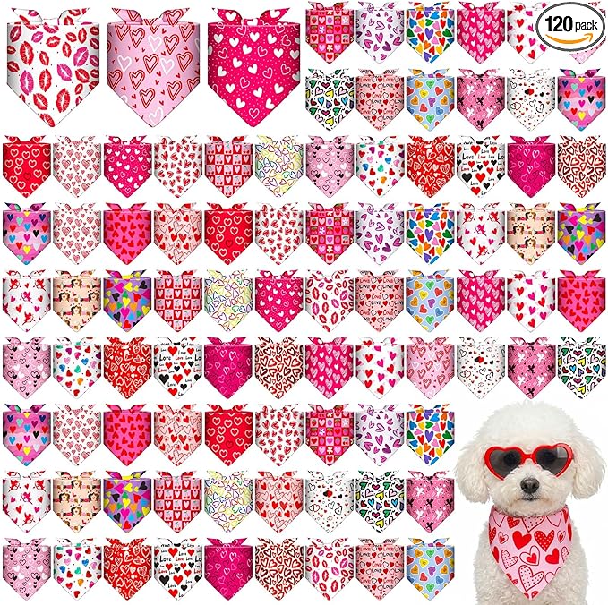 Youyole 120 Pcs Valentine's Day Dog Bandana Bulks Love Dog Bandanas Valentine's Day Pet Scarf Soft Cat Triangle Scarves Pet Bandana Red Pink Heart Bibs for Small and Medium Breed