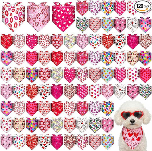 Youyole 120 Pcs Valentine's Day Dog Bandana Bulks Love Dog Bandanas Valentine's Day Pet Scarf Soft Cat Triangle Scarves Pet Bandana Red Pink Heart Bibs for Small and Medium Breed