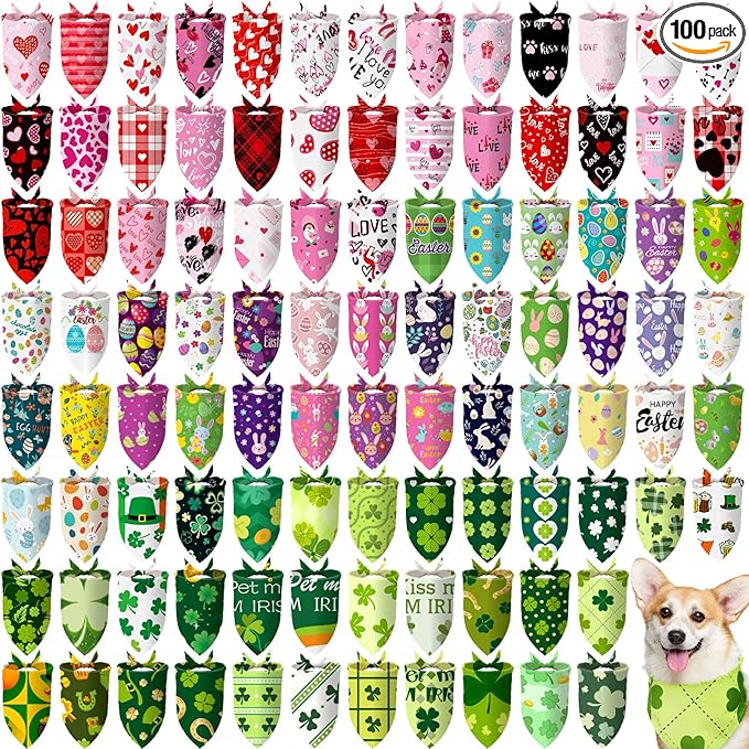 Huhumy 100 Pcs Easter Seasonal Dog Bandanas Easter Valentines Day St. Patrick's Day Theme Pet Bandanas Bulk Holiday Triangle Pet Bibs Scarf for Medium Large Dog Spring Festival Costume Decor