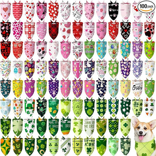 Huhumy 100 Pcs Easter Seasonal Dog Bandanas Easter Valentines Day St. Patrick's Day Theme Pet Bandanas Bulk Holiday Triangle Pet Bibs Scarf for Medium Large Dog Spring Festival Costume Decor