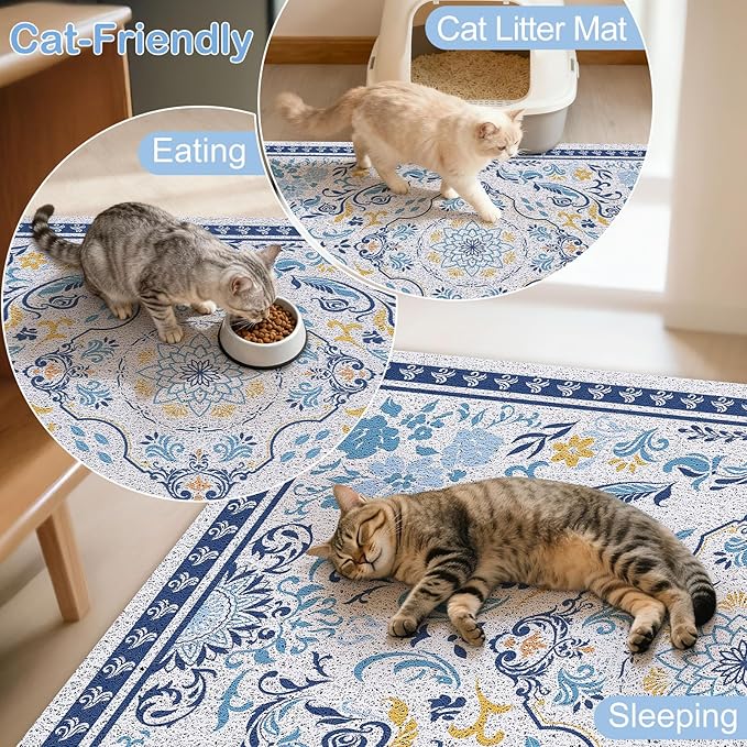 Cat Litter Mat Trapping Rug 33"x22", Large Litter Box Mat for Floor, Non-Slip Waterproof Backing, Soft Mesh Easy to Clean Pet Mat for Cat, Blue Yellow