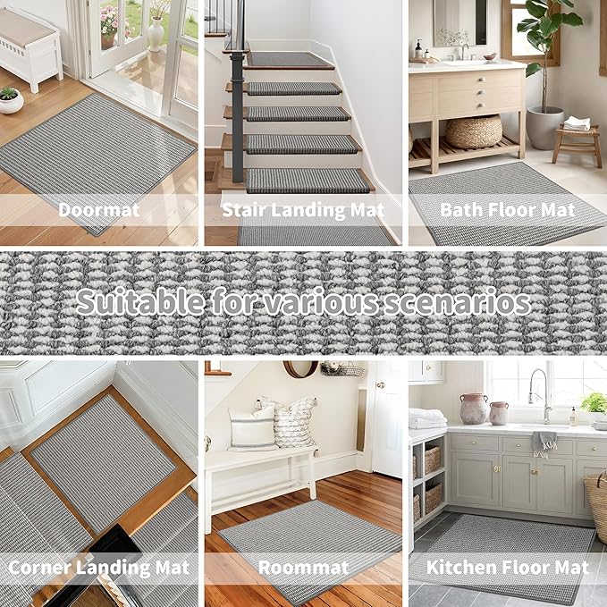 Brakki Bullnose Carpet Stair Treads, Non Slip Landing Mat for Wooden Steps Indoor, Soft Stair Rugs for Pets, Indoor Doormat for Kitchen Bathroom, Washable, 30"x30" 1pc, Grey and Cream