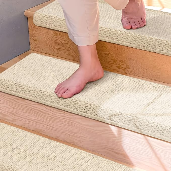 Brakki Bullnose Carpet Stair Treads, Stair Treads for Wooden Steps Indoor Runner and Pets, Non Slip Soft Edging Staircase Protectors, Washable, 29.5"x9.5"x1.5" 7pcs, Cream White