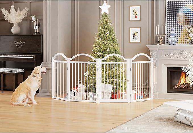 BHG Metal No-Assembly Freestanding Dog Gate with Door Walk Through, Extra Wide 96", Extra Tall 32" Pet Gate, Accordion Puppy Folding Playpen Dog Fence for Indoor & Outdoor, with 2PCS Support