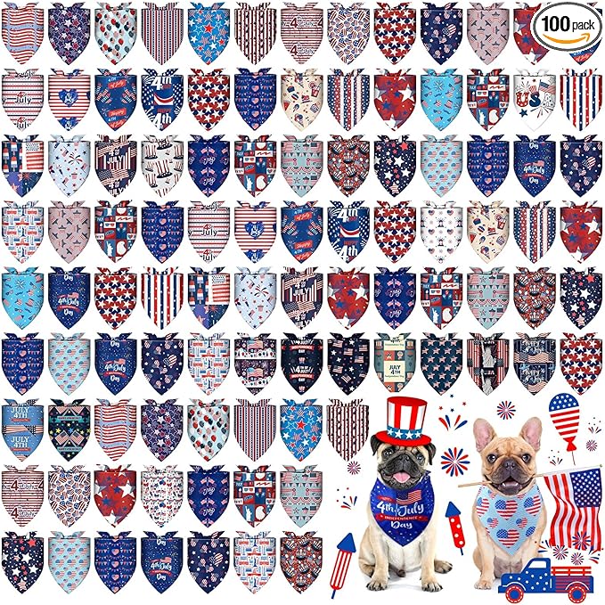 Huhumy 100 Pcs 4th of July Dog Bandanas Bulk 3 Sizes Dog Washable Bandana Adjustable Washable Patriotic Scarf for Small Medium Large Dogs, Independence Day Designs