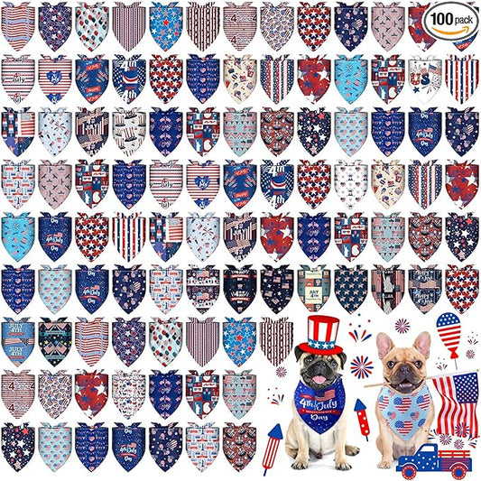 Huhumy 100 Pcs 4th of July Dog Bandanas Bulk 3 Sizes Dog Washable Bandana Adjustable Washable Patriotic Scarf for Small Medium Large Dogs, Independence Day Designs