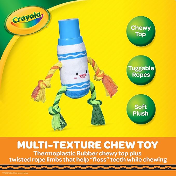 Crayola for Pets Blue Marker Rope Plush Squeaker Dog Toy, 6”, Pup-Visible Color Toys Dogs See Best, Mixed Material Enrichment Dog Toy with Chew Ropes, Rubber Cap, Plush Body with Squeaker