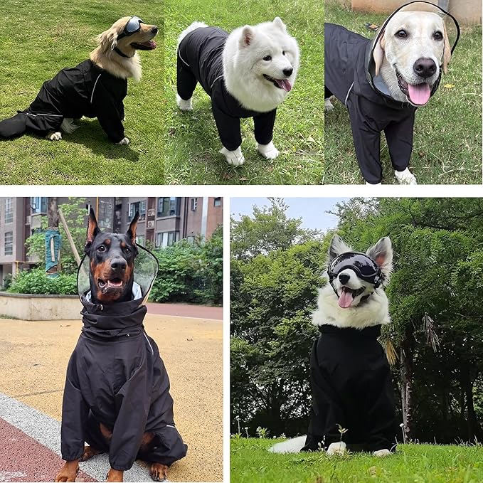 Dog Raincoat for Medium Large Dogs,rain Jacket Coat, Full Leg Coverage Waterproof Rain Suit with Detachable Hood & Tail, Reflective Strips, Snag-Free Top Zipper (Black for Girl, Large)