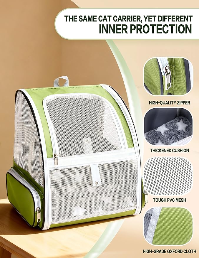 Cat Backpack Carrier with Washable Bed Mat Breathable Cat Carrier Large Space Medium Small Dog Puppy Kitty Ventilated Mesh Pet Backpack for Cats Travel Walking Outdoor Use(Green 13.8" Lx11.4 Wx16 H)