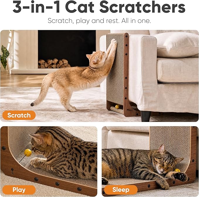 FUKUMARU Cat Scratcher 2 Packs, 25 Inch Cat Scratching Boards for Indoor Cats, L Shaped Cardboard Cats Scratcher Vertical Scartch Pads with Ball Toy, Walnut Color
