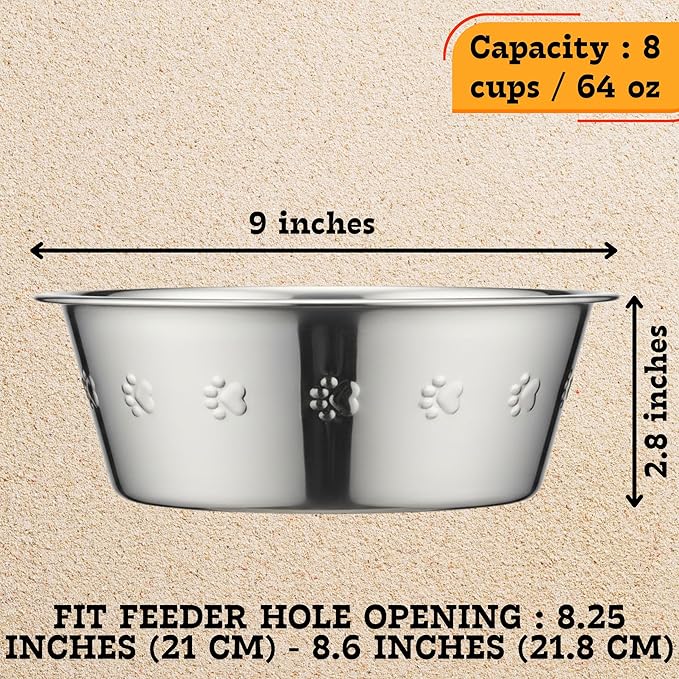 2-Pack Stainless Steel Dog Bowls 8 Cups (1.9L), Durable Metal Embossed Pet Food & Water Dish for Medium to Large Dogs – Rust-Resistant