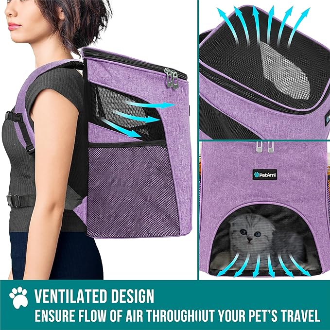 PetAmi Cat Backpack Carrier, Airline Approved Pet Carrier Backpack for Small Dogs and Large Cats, Soft Sided Collapsible Ventilated with Sherpa Bed for Hiking Travel, Max 18 lbs, Heather Purple