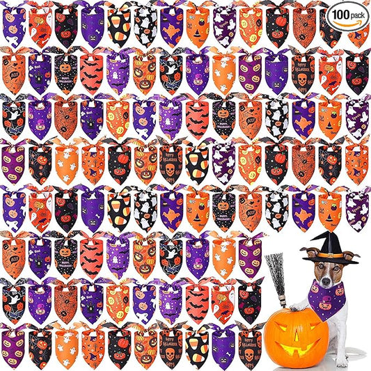 Abbylike 100 Pcs Halloween Dog Bandanas Bulk Pumpkin Bandanas for Dogs Triangle Kerchief Bibs Scarf Set for Pet Halloween Costume Photo Props Accessories Pet Shops, 25 Styles (25.6 x 17.7 x 17.7)