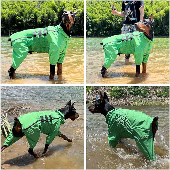 Lovelonglong Waterproof Dog Raincoat – 4-Leg Full Body Dog Rain Suit with Reflective Strips & Leash Opening, Outdoor Dog Jacket for Rainy Weather