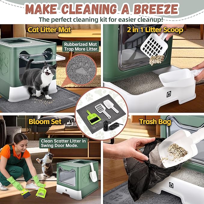 Covered Cat Litter Box with Litter Mat, Foldable Extra Large Dual Entry Adjustable Door, Drawer Design Enclosed Kitty Litter Box, Odor Control Anti-Splashing Easy Cleaning (Green)