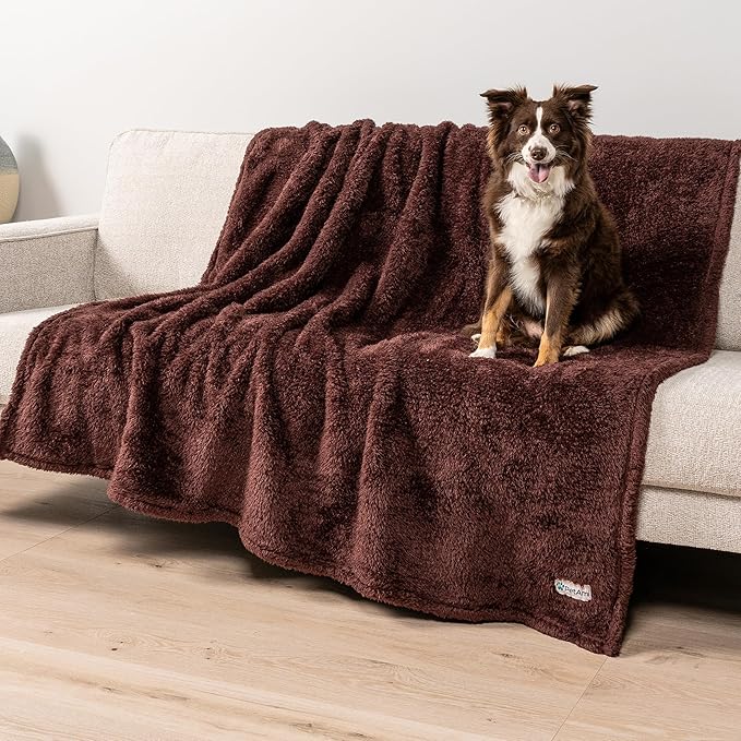 PetAmi Fluffy Waterproof Dog Blanket for Couch and Bed, Reversible Sherpa Pet Throw, Pee Proof Furniture Protector Sofa Cover, Washable Cat Blanket for Medium Large Dogs and Cats (Brown, 90x90)