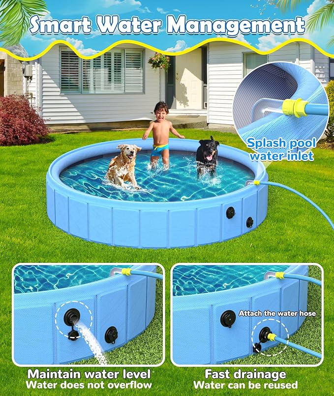 EPN 79” Foldable Dog Pool with Sprinkler, Large Collapsible Pet Pool for Dogs, Heavy Duty PVC & PP Portable Dog Swimming Pool, Non-Slip Outdoor Bathing Tub & Kiddie Pool for Backyard Summer Play