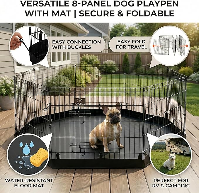PJYuCien Octagonal Dog Playpen with Bottom Pad - Metal Foldable Exercise Pen, 8 Panels 30" H x 24" W Indoor Outdoor Pet Fence Puppy Crate Kennel, Black