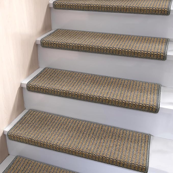 Brakki Bullnose Carpet Stair Treads, Stair Treads for Wooden Steps Indoor Runner and Pets, Non Slip Soft Edging Staircase Protectors, Washable, 29.5"x9.5"x1.5" 7pcs, Grey and Beige