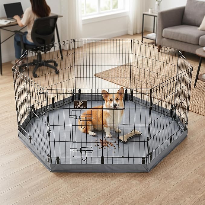 PJYuCien Octagonal Dog Playpen with Bottom Pad - Metal Foldable Exercise Pen, 8 Panels 30" H x 24" W Indoor Outdoor Pet Fence Puppy Crate Kennel, Gray