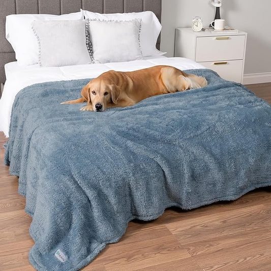 PetAmi Fluffy Waterproof Dog Blanket for Couch and Bed, Reversible Sherpa Pet Throw, Pee Proof Furniture Protector Sofa Cover, Washable Cat Blanket for Medium Large Dogs and Cats (Dusty Blue, 90x90)