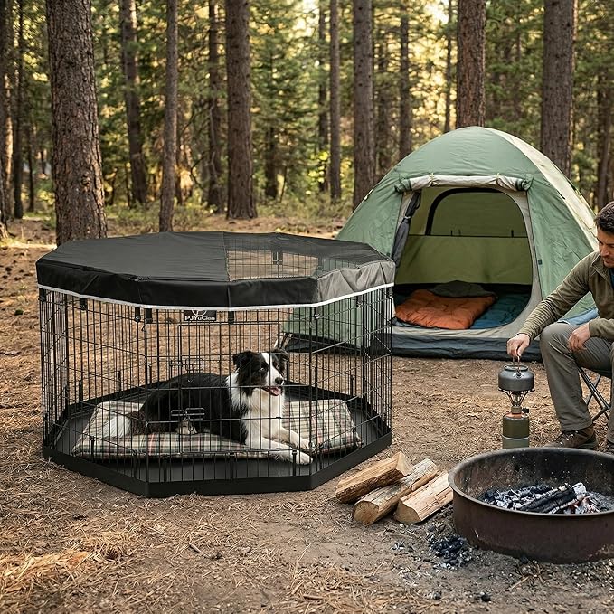 PJYuCien Octagonal Dog Playpen with Top Cover and Bottom Pad - Metal Foldable Exercise Pen, 8 Panels 36" H x 24" W Indoor Outdoor Pet Fence Puppy Crate Kennel, Black