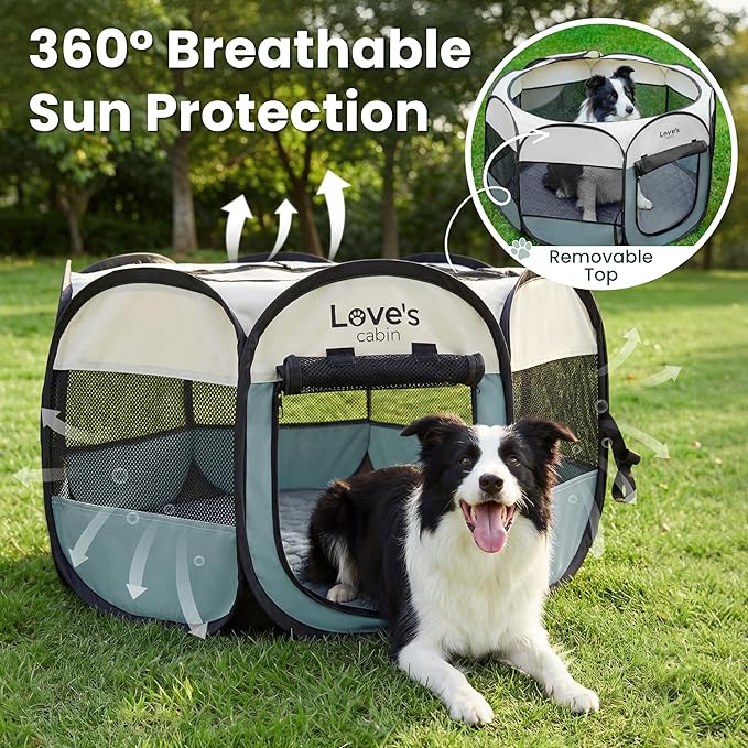 Love's cabin Dog Playpen with Washable Pee Pad, Puppy Pet Cat Playpen Small Dogs Tent Crate Indoor/Outdoor, Portable Pop Up Kennel with Carrying Case for Cats/Rabbits(Moss Green,Small with pad)