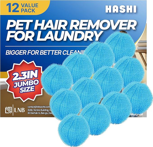 HASHI 12 Pack Pet Hair Remover for Laundry, 2.3 Inch Sky Blue Washing Machine and Dryer Balls, Reusable Dog and Cat Fur Catcher, Gentle on Fabrics Lint Remover for Bedding and Towels