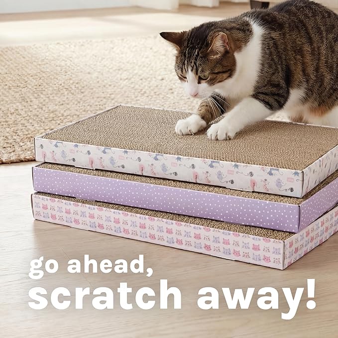Kitty City 3-Pack XL Double Sided Corrugate Cat Scratcher Pads - X-Large Horizontal Cat Scratcher Mats, Reversible Corrugate Nail File Scratchers - Pink Cats Design, 18” x 10” Each