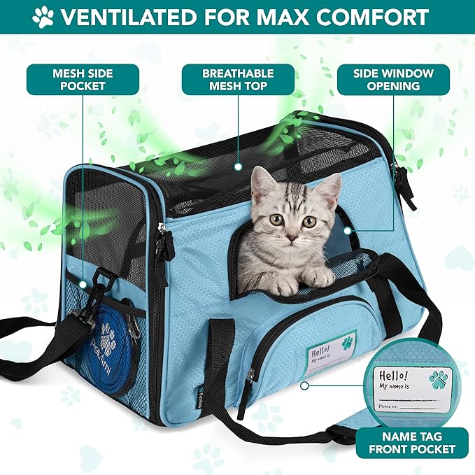 PetAmi Airline Approved Pet Carrier for Cats & Small Dogs, Soft Sided TSA Travel Carrier Bag with Sherpa Bed, Breathable Mesh Ventilation, Collapsible Bowl, Fits Under Seat, Up to 18 lbs, Small Blue