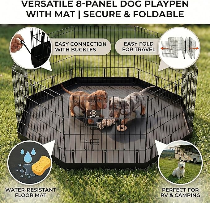 PJYuCien Octagonal Dog Playpen with Bottom Pad - Metal Foldable Exercise Pen, 8 Panels 24" H x 24" W Indoor Outdoor Pet Fence Puppy Crate Kennel, Black