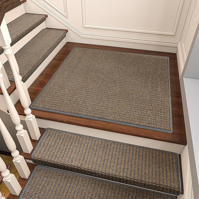 Brakki Bullnose Carpet Stair Treads, Non Slip Landing Mat for Wooden Steps Indoor, Soft Stair Rugs for Pets, Indoor Doormat for Kitchen Bathroom, Washable, 30"x30" 1pc, Grey and Beige