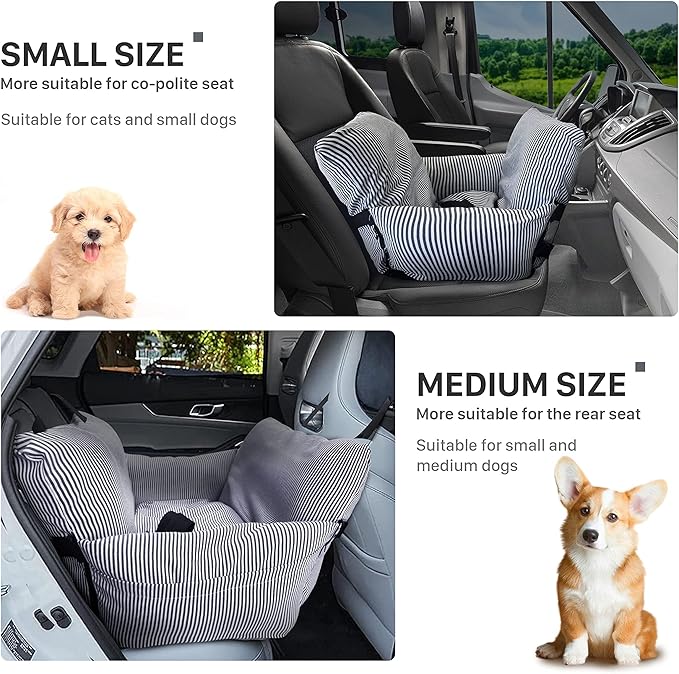 Dog Car Seat for Medium Dogs Under 60 lbs Pet，2 in 1 Booster Seats Dog Bed for Car and Home Safety Travel Carrier with 2 Pockets, Blau Stripes