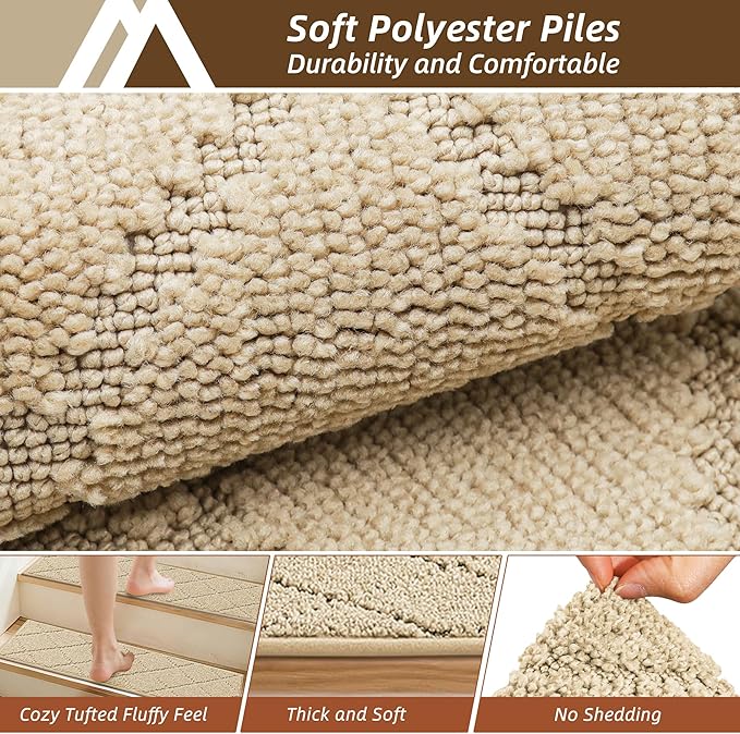 COSY HOMEER Stair Treads for Wooden Steps 9"x28",Washable Non Slip Peel and Stick Carpet Stair Treads with Reusable Residue Free Backing Soft Pet Friendly Stair Runner for Kids Elders,Warm Beige,7pcs