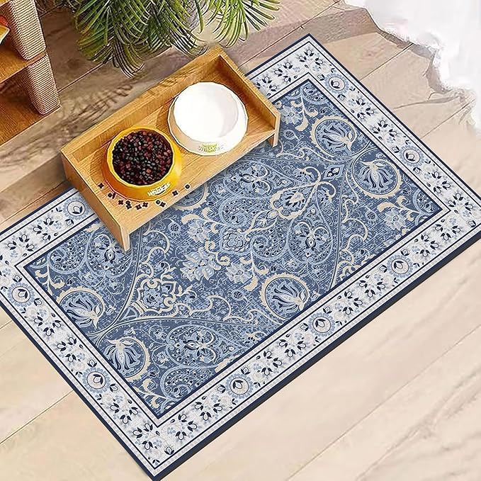 Blue Floral Pet Feeding Mat, Absorbent Dog/Cat Food Mat for Food and Water Bowl, Non-Slip Quick Dry Pet Placemat Floor Protector for Messy Drinkers(12 x 20 in)