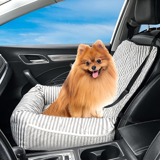 Dog Car Seat for Small and Medium Dogs, Booster Seat Sofa Pet Bed, Portable Car Travel Carrier Bed (Grey Stripes,Standard Filling)