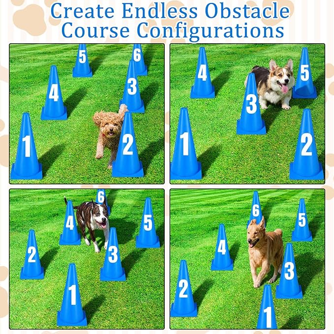 12 Inch Dog Agility Hurdle Cone Set with 10 Blue Training Cones 2 Number Stickers Distance Adjustable Dog Agility Course Backyard Equipment for Pet Obstacle Course for Obedience Rehabilitation Starter