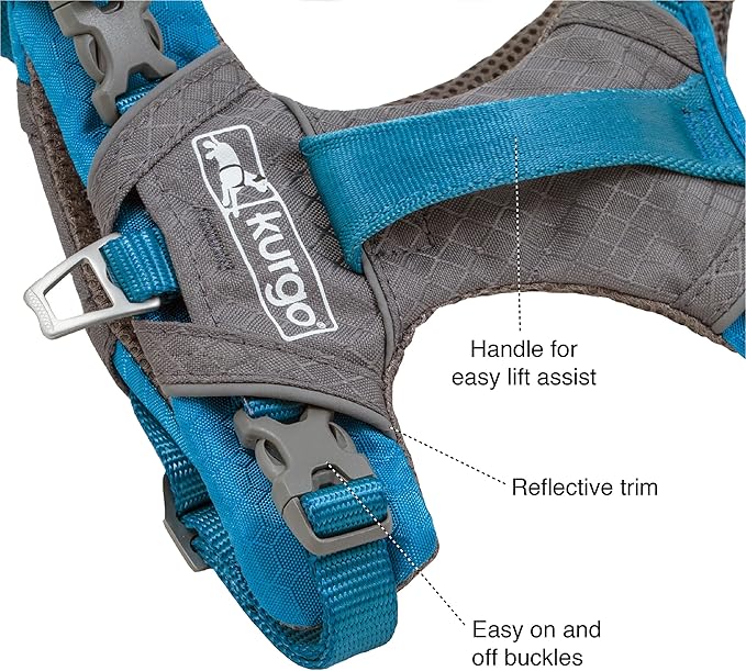 Kurgo Journey Air Dog Harness - Secure Fit for Active Dogs - Padded Chest - Lightweight Ripstop Fabric - Breathable Mesh - Reflective Trim - Back Assist Handle - Coastal Blue - Small