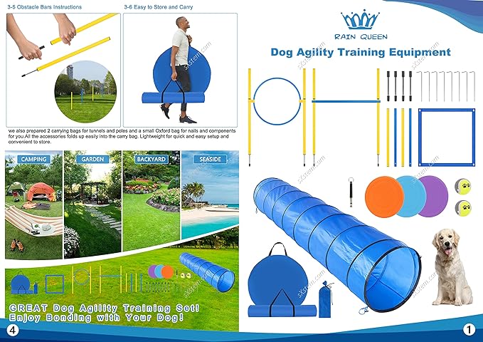 Dog Agility Course Backyard Set - Agility Training Equipment for Dogs Starter Kit-Pet Outdoor Games with Tunnel, Weave Poles, Adjustable Hurdle, Jump Ring, Pause Box, Toys and Carrying Bag