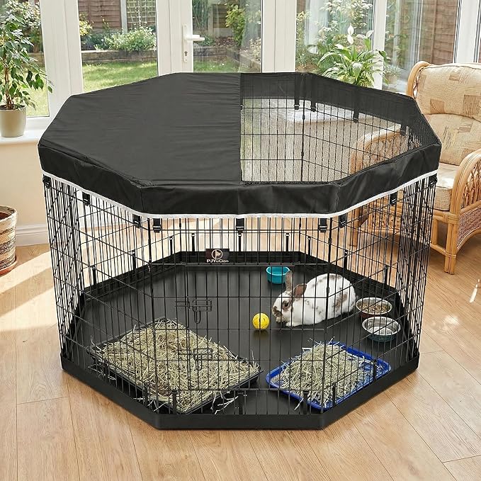 PJYuCien Octagonal Dog Playpen with Top Cover and Bottom Pad - Metal Foldable Exercise Pen, 8 Panels 42" H x 24" W Indoor Outdoor Pet Fence Puppy Crate Kennel, Black
