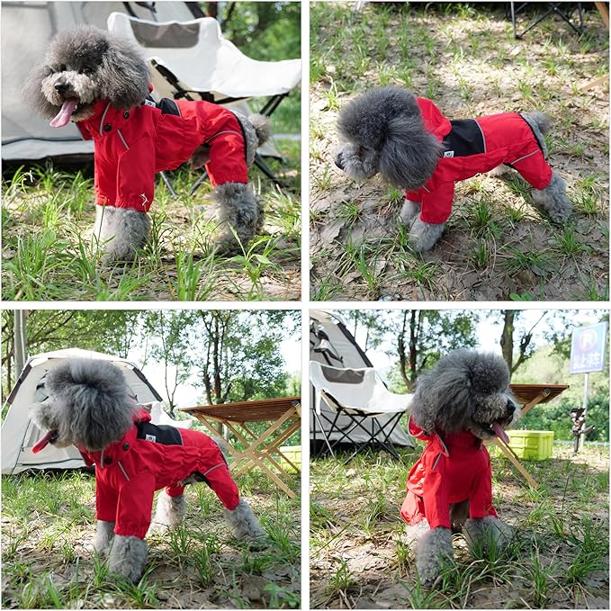LOVELONGLONG Fleece-Lined Dog Raincoat with Removable Hood – Waterproof Winter Full Body Dog Jacket – Windproof Snowproof Cold-Weather Suit – Red-F 4XL