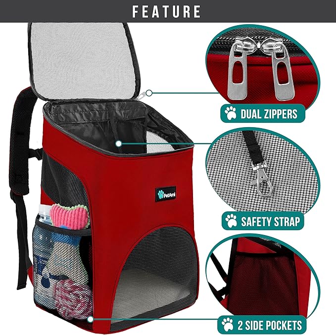 PetAmi Cat Backpack Carrier, Airline Approved Pet Carrier Backpack for Small Dogs and Large Cats, Soft Sided Collapsible Ventilated with Sherpa Bed for Hiking Travel, Max 18 lbs, Red