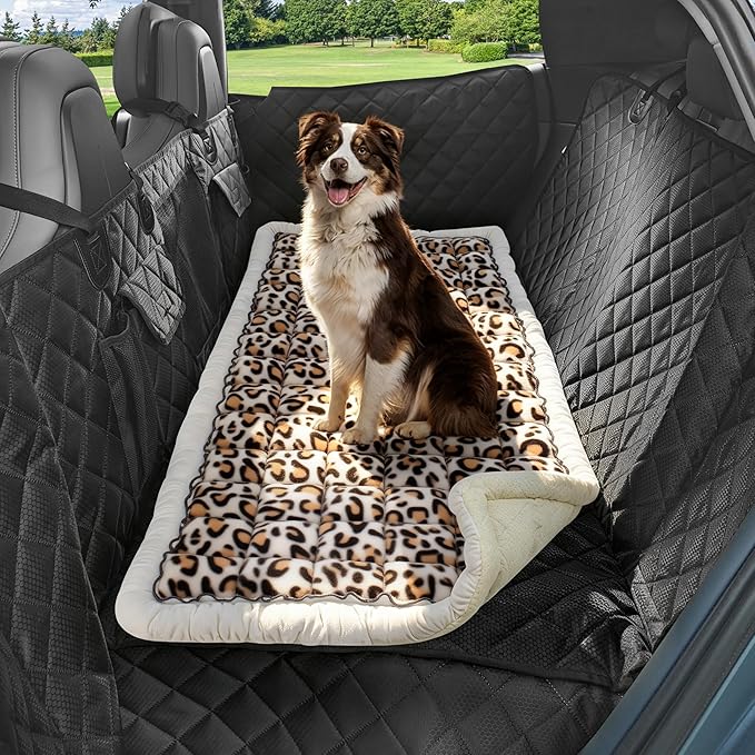 Backseat Dog Bed Mat for Car, Dog Car Seat Cover for Back Seat, Pet Car Blanket Soft and Comfortable, Bottom Non-Slip, Washable Travel Pet Mat for Cars Trucks and SUVs (Leopard Print, 53" x 24")