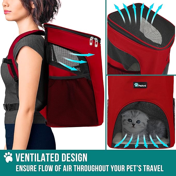 PetAmi Cat Backpack Carrier, Airline Approved Pet Carrier Backpack for Small Dogs and Large Cats, Soft Sided Collapsible Ventilated with Sherpa Bed for Hiking Travel, Max 18 lbs, Red