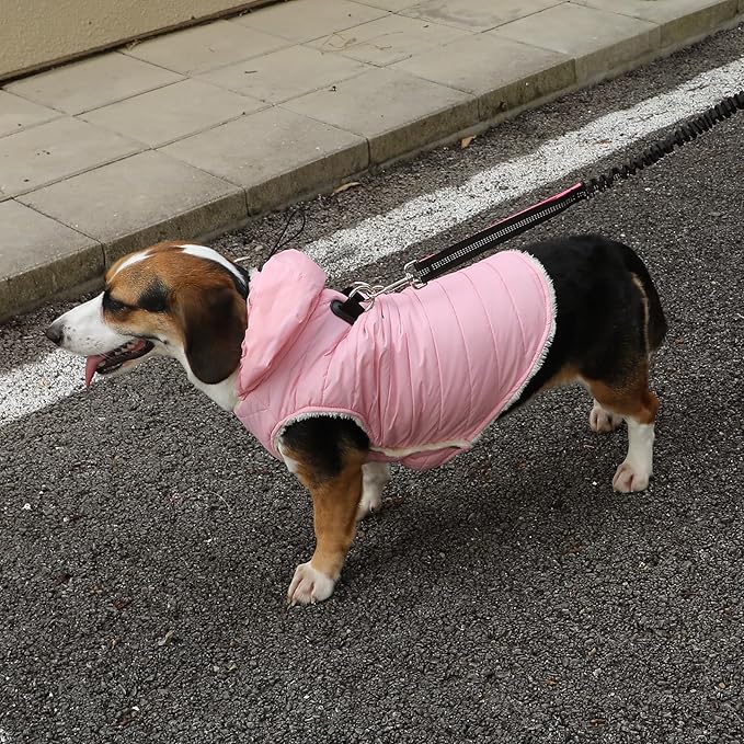 Vecomfy Fleece Lining Dog Hoodie with Harness Built in,Extra Warm Large Dog Jacket in Winter Doggie Coats with Drawstring Hooded,Light Pink XXL