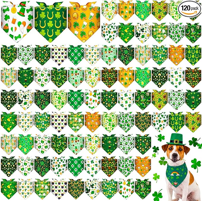 Youyole 120 Pcs Dog St. Patrick's Day Bandana Bulks Shamrocks Dog Bandanas Green Pet Scarf Soft Cat Triangle Scarfs Pet Bandana Green Hat Gnome Bibs for Small and Medium Breed